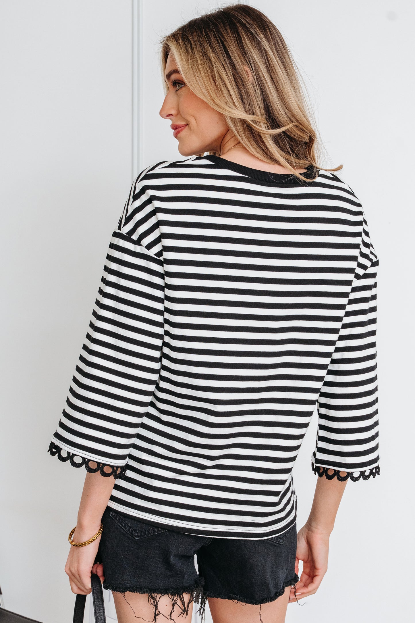 Black Striped Lace Trim Top