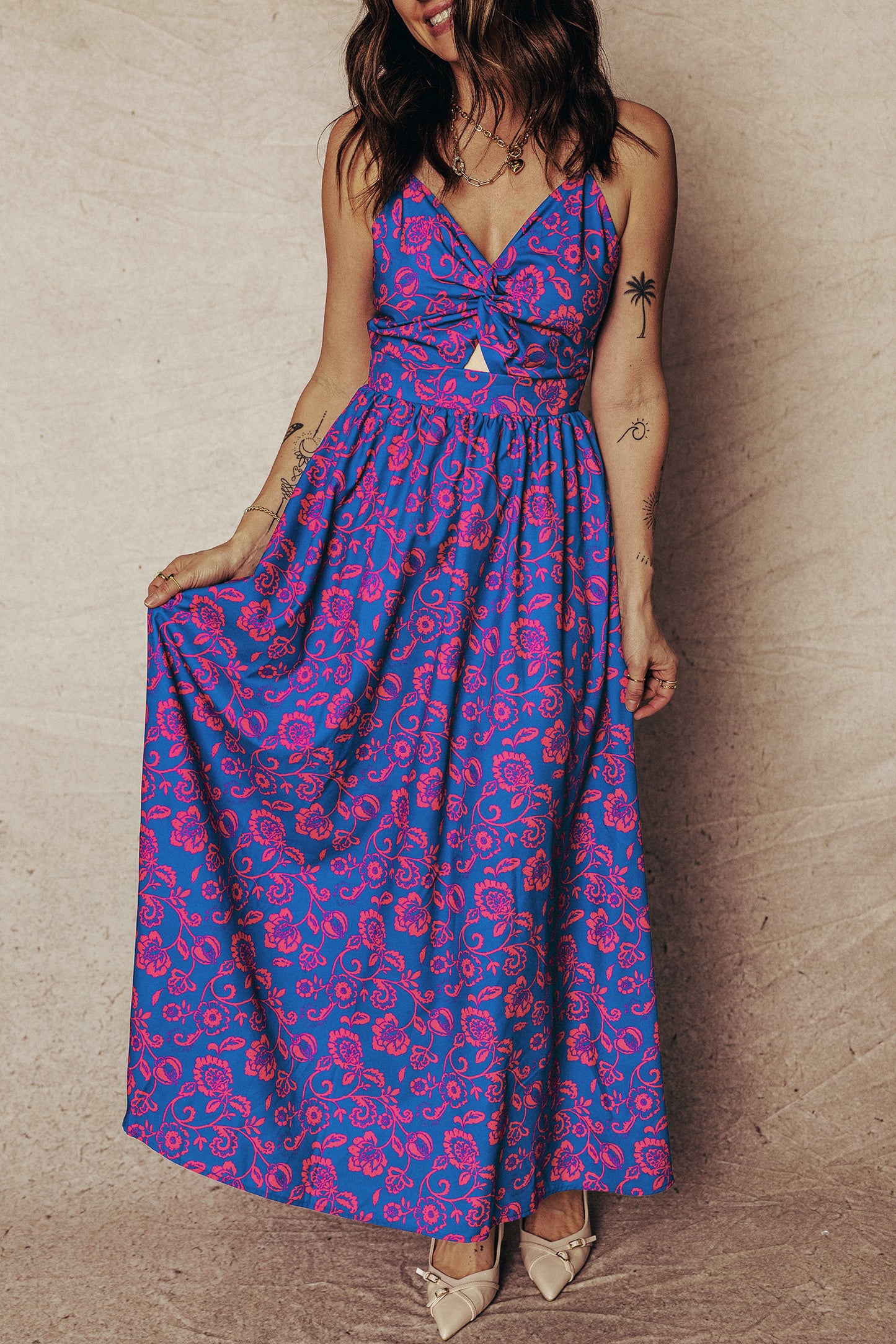 Blue Floral Tie Back Maxi Dress