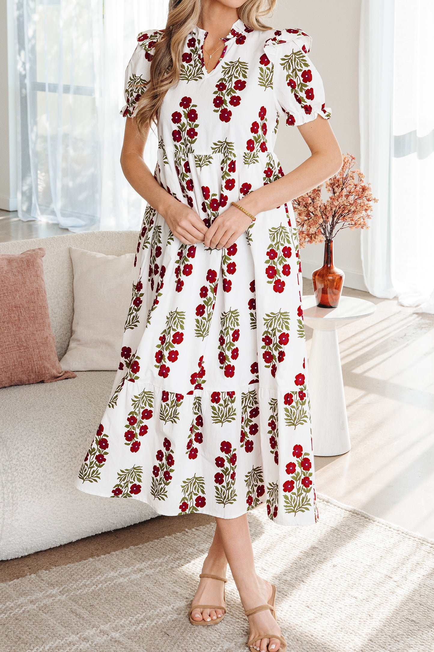Floral Bubble Sleeve Maxi Dress