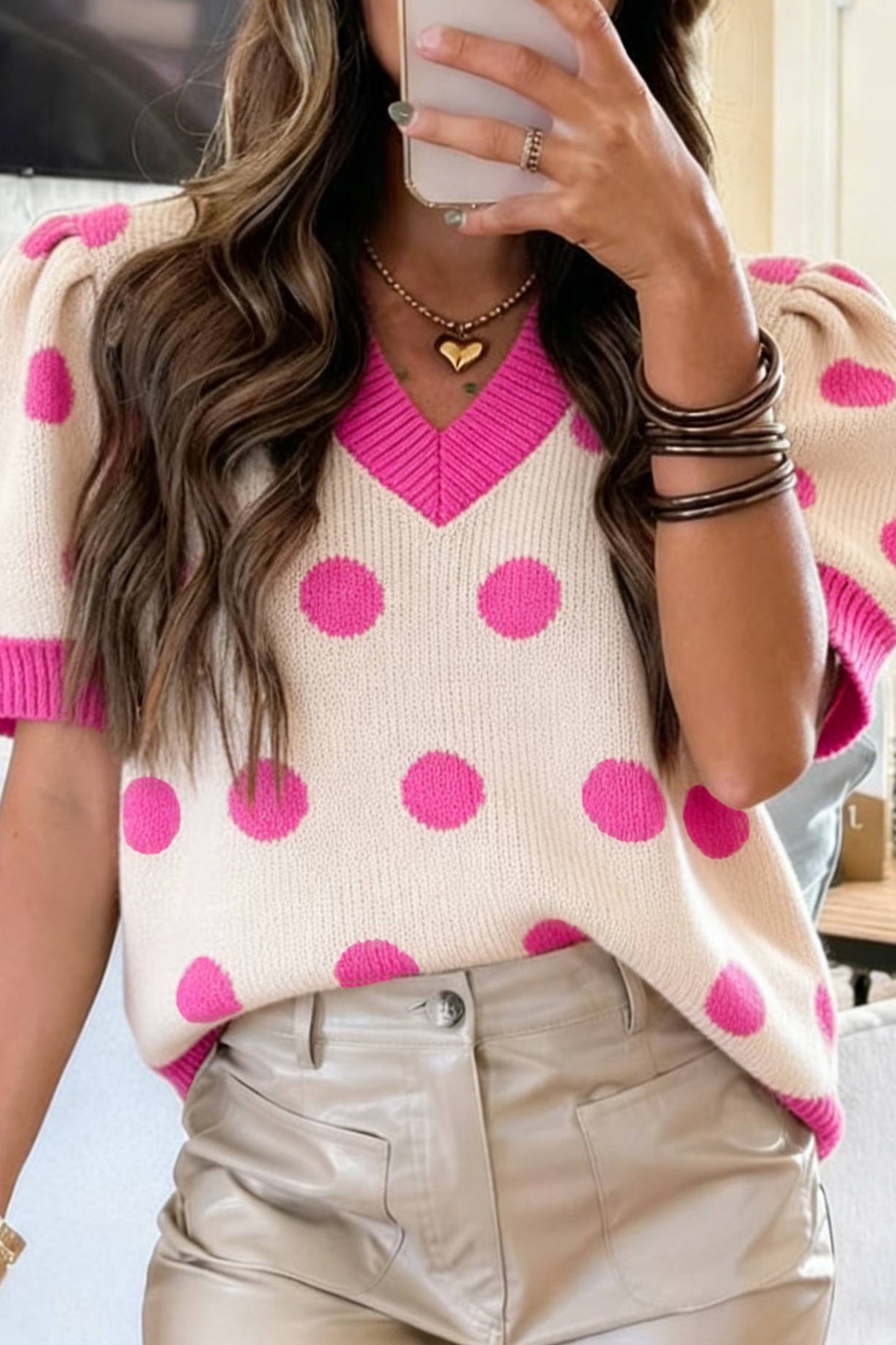 Polka Dot Puff Short Sleeve Sweater