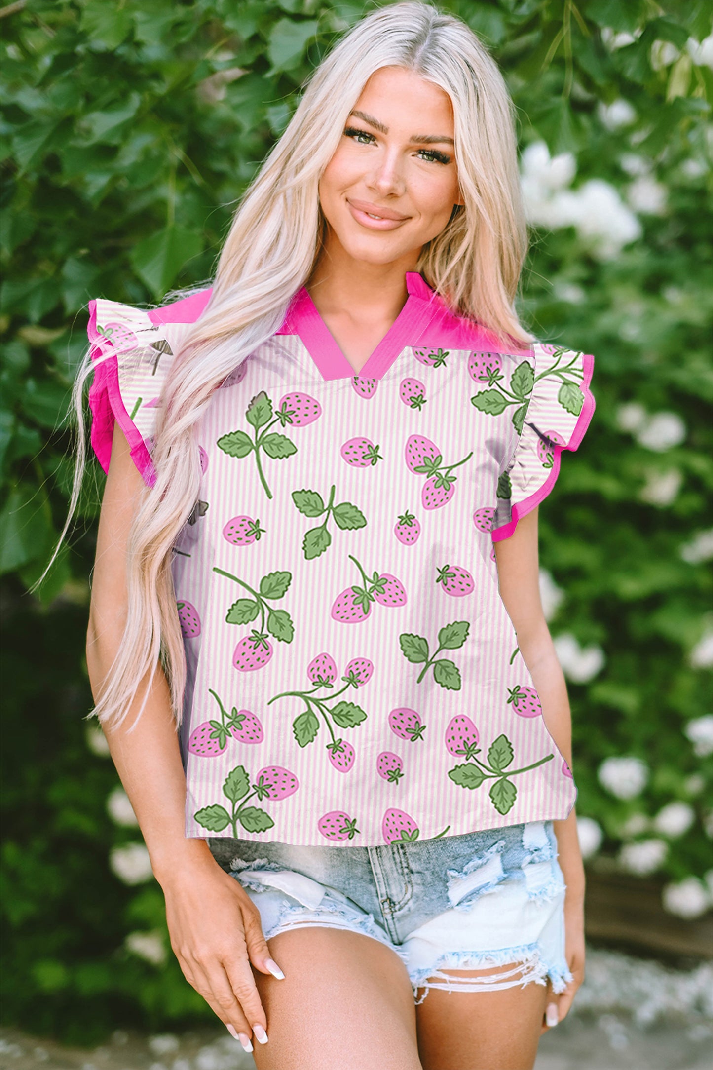 Strawberries and Stripes Flutter Sleeve Blouse