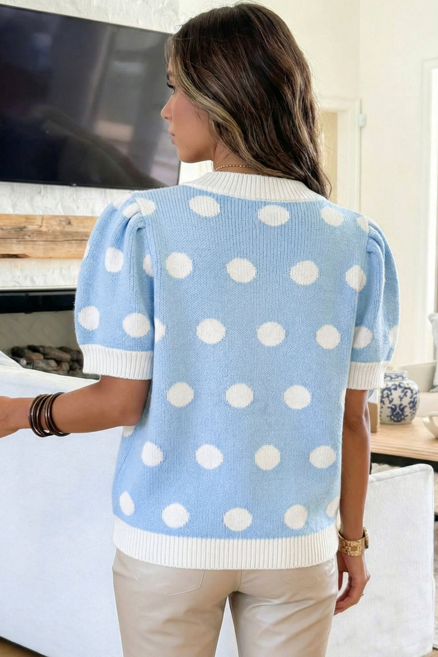 Polka Dot Puff Short Sleeve Sweater