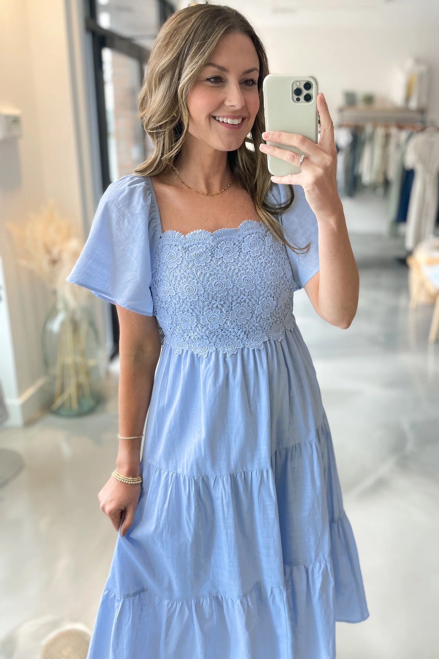 Beau Blue Flowy Tiered Midi Dress