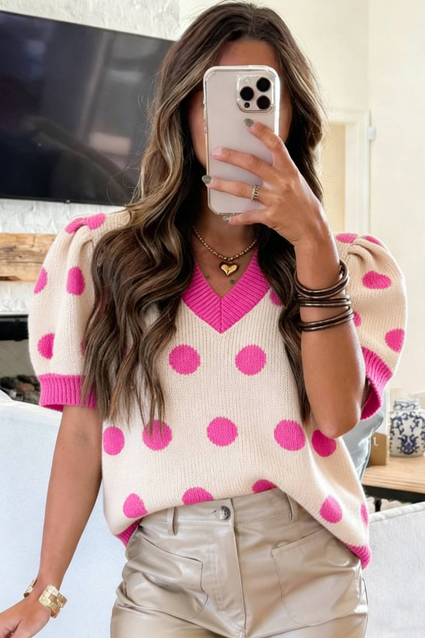 Polka Dot Puff Short Sleeve Sweater
