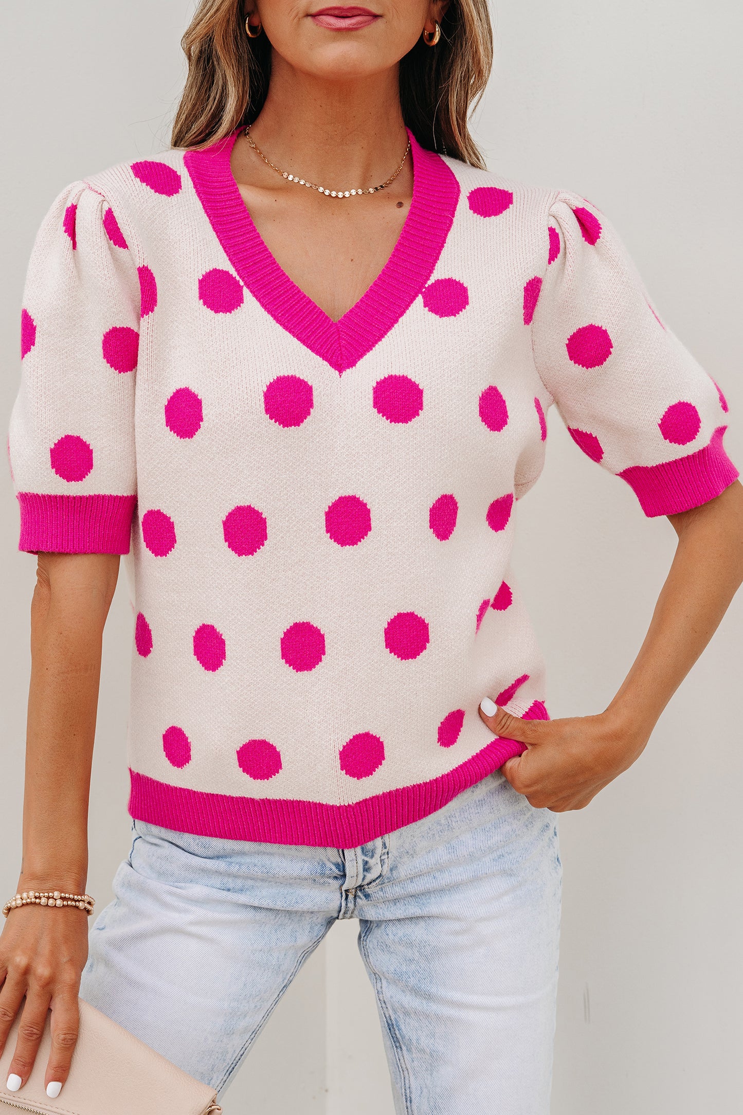 Polka Dot Puff Short Sleeve Sweater