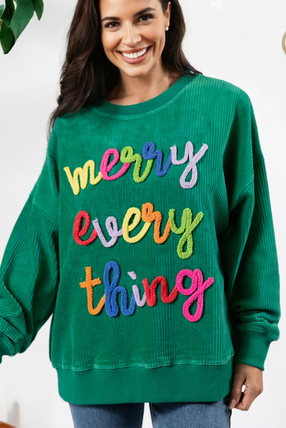 Merry Every Thing Corded Letter Sweatshirt in Green