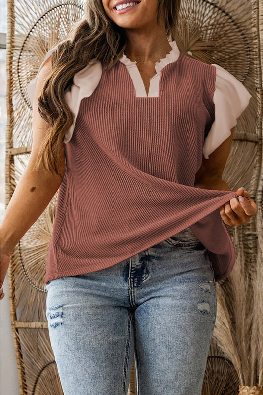 Ruffled Sleeve Ribbed Blouse in Plus Size