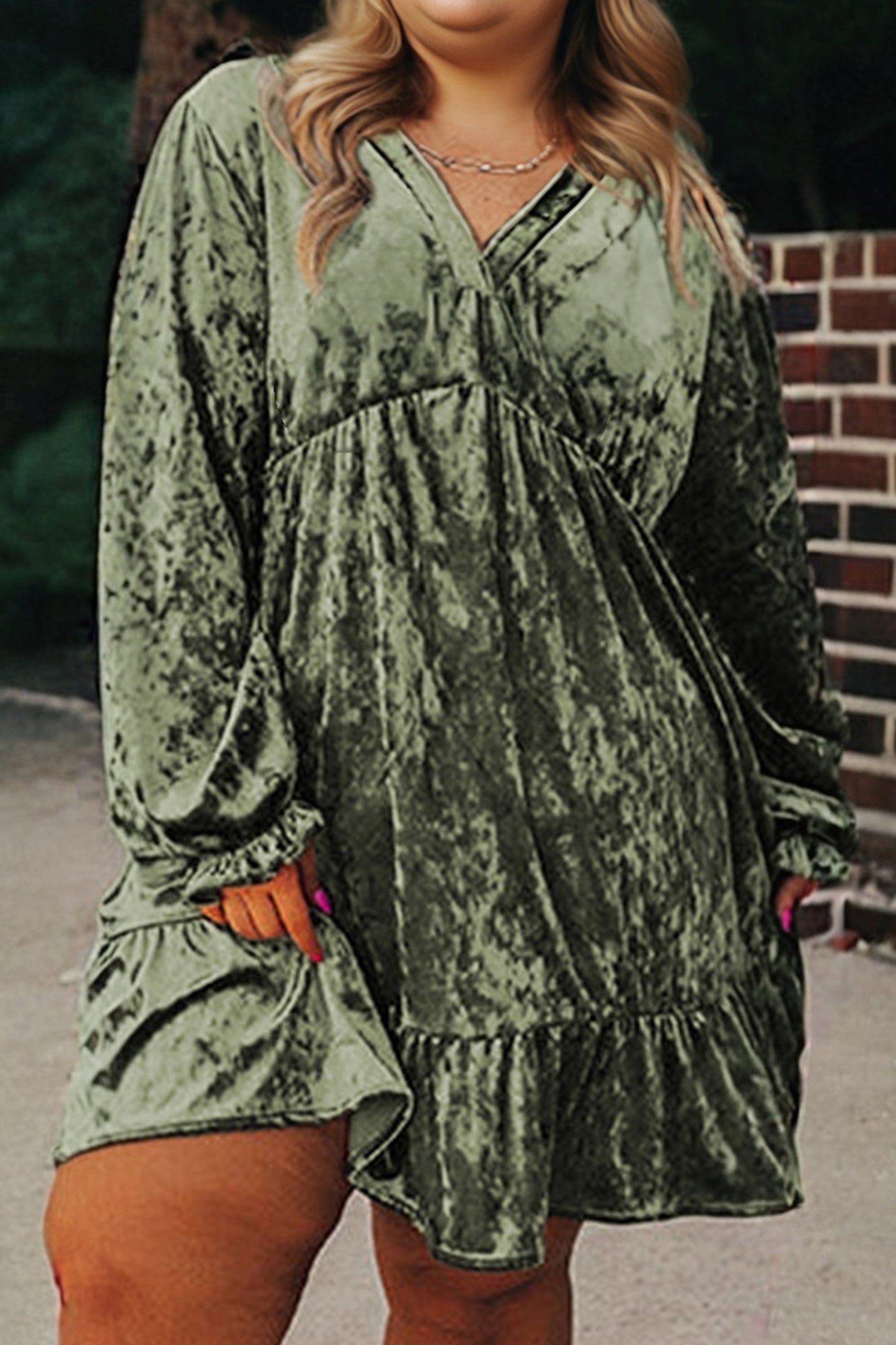 Velvet Plus Size Babydoll Dress in Jungle Green