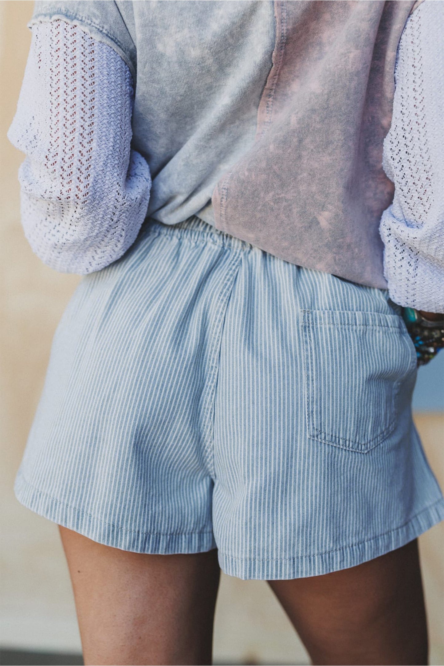 Sky Blue Striped Denim Shorts