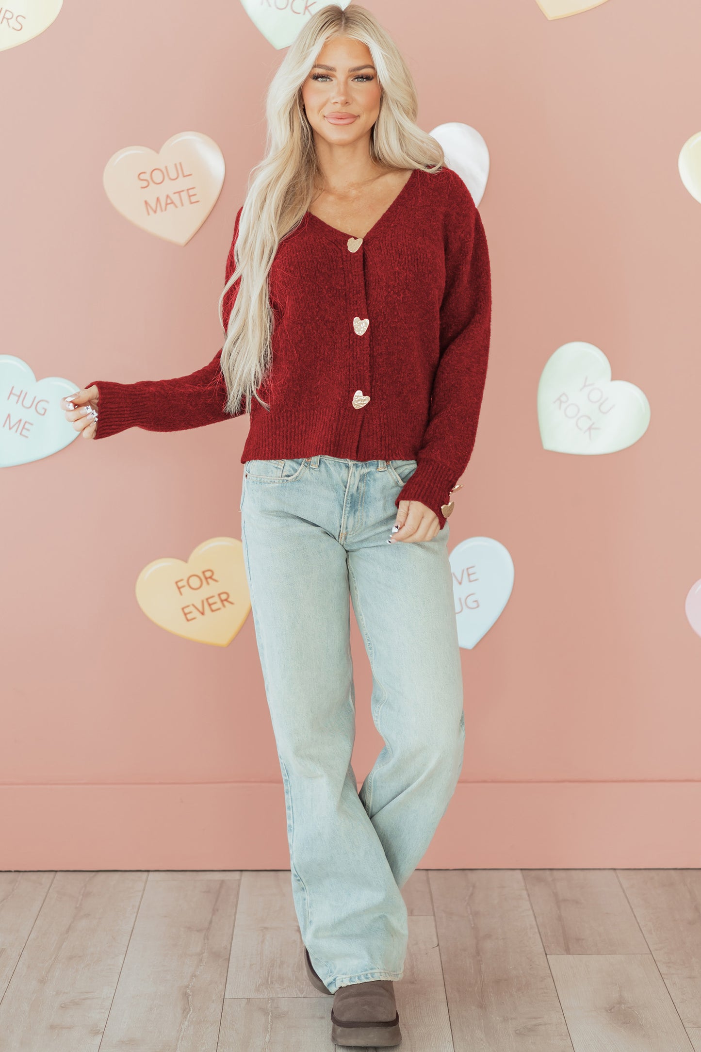 Fiery Red Heart Button Cardigan Sweater