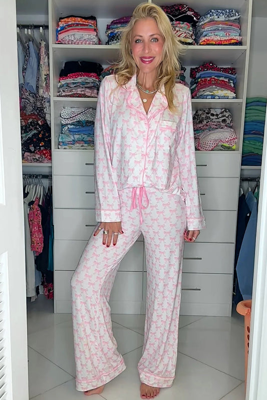 Bow Print Soft Pajama Set in Pink