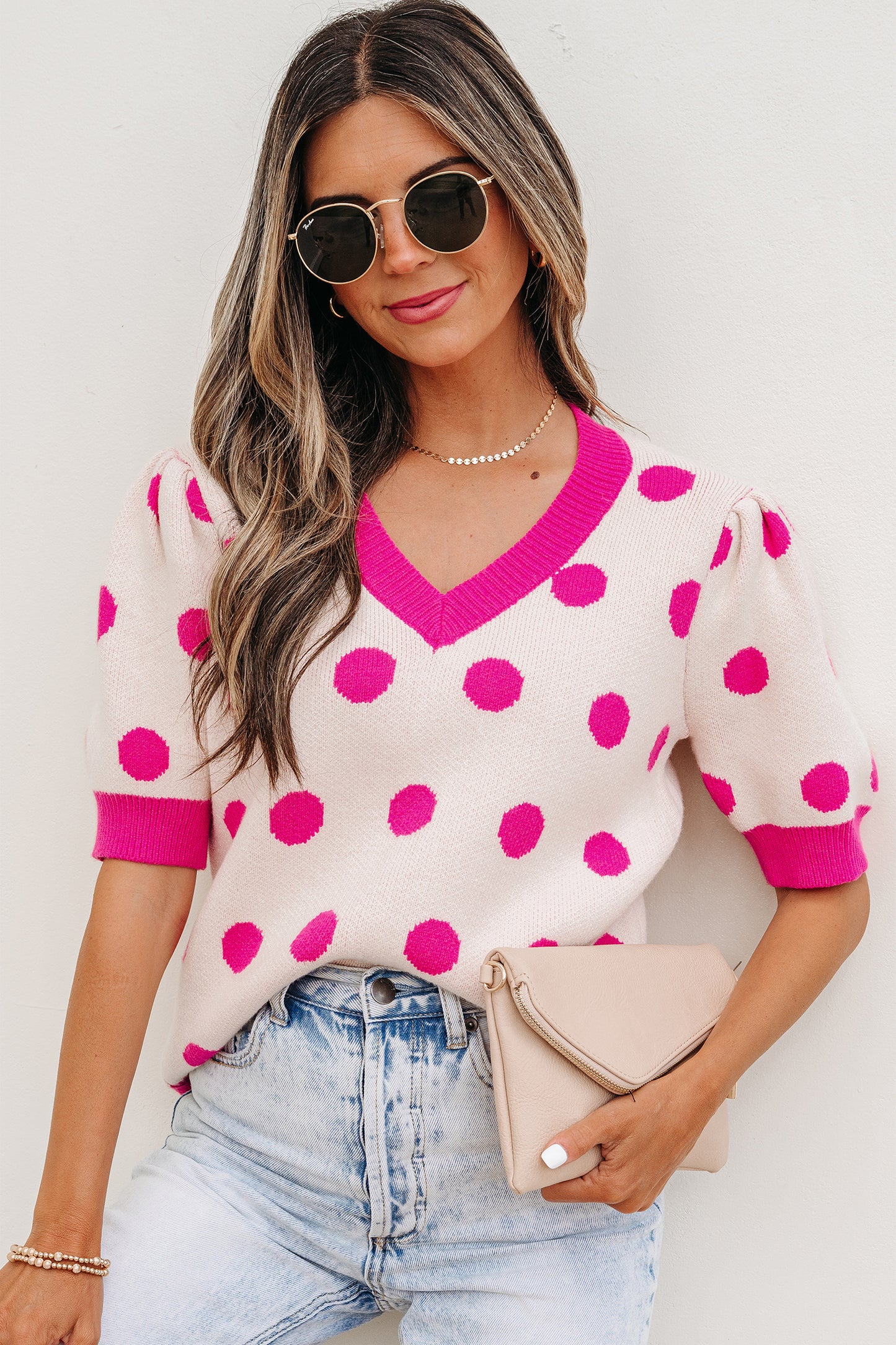 Polka Dot Puff Short Sleeve Sweater