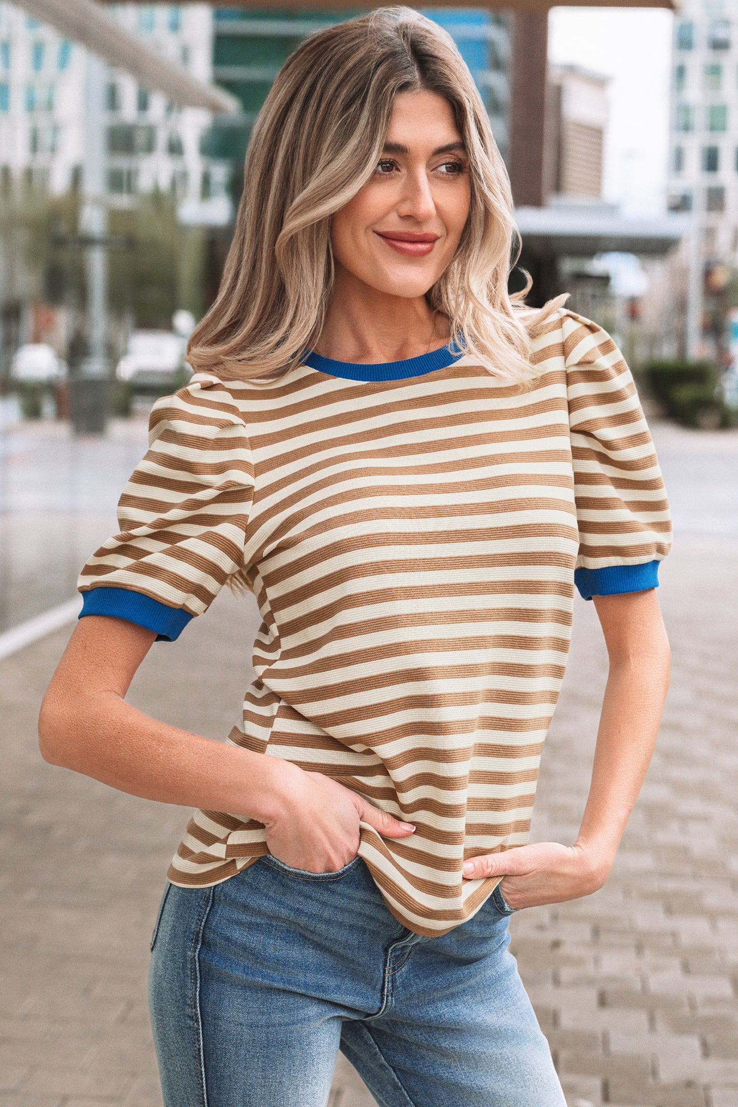 Striped Puff Sleeve Round Neck Tee