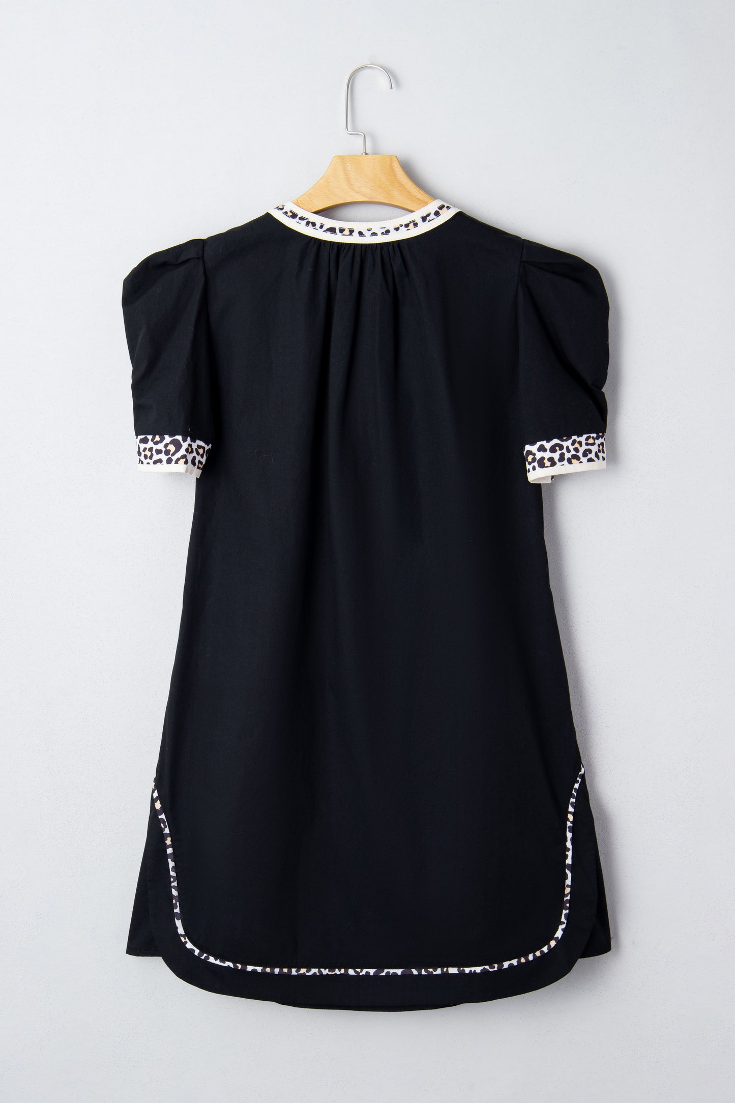 Black Leopard Trim Puff Sleeve Mini Dress
