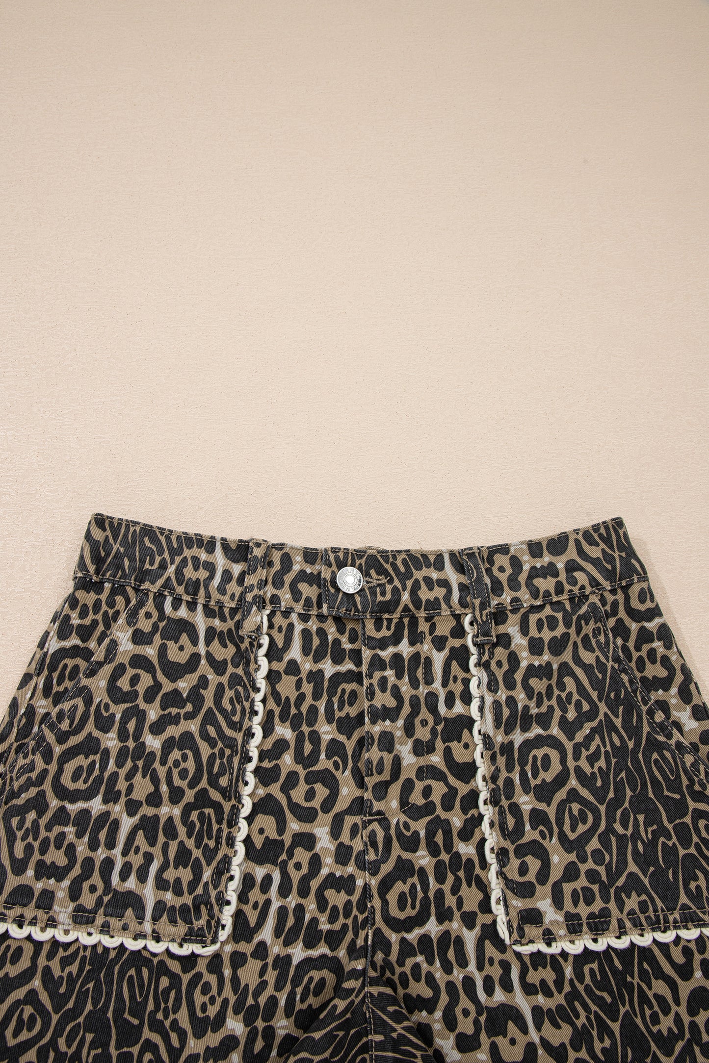 Scalloped Leopard Denim Shorts