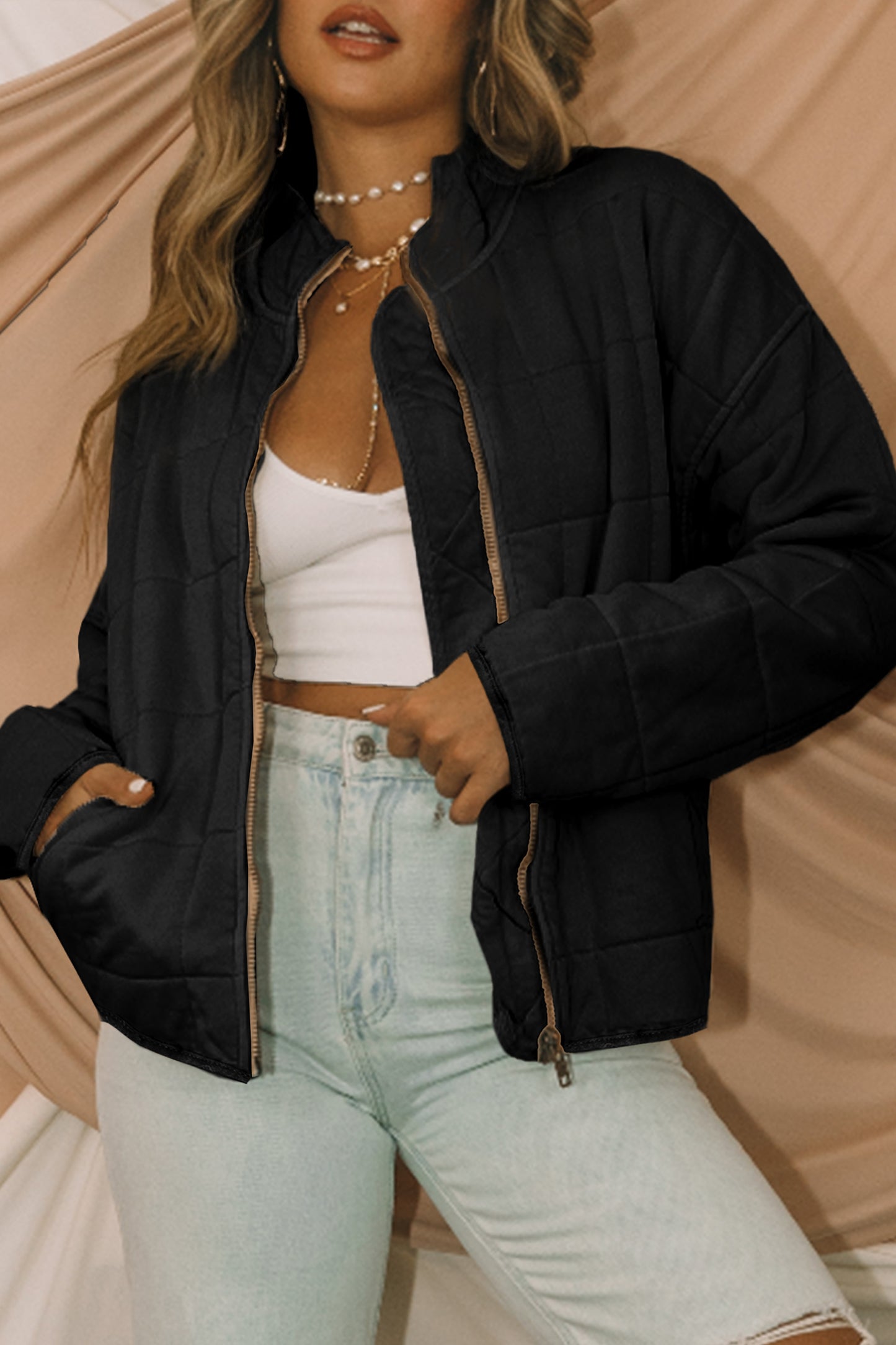 Black Zip-Up Quilted Jacket