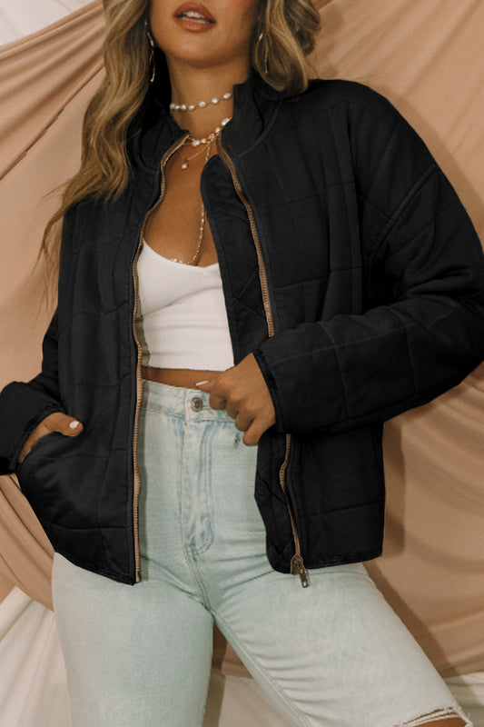 Black Zip-Up Quilted Jacket