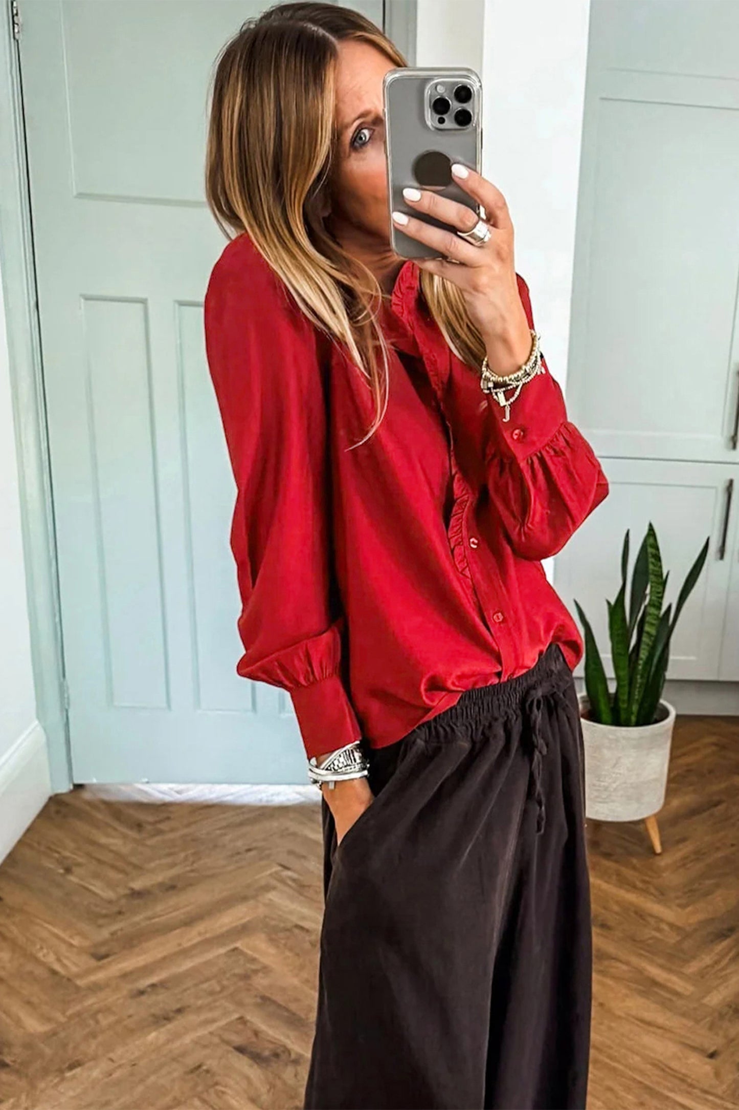 Fiery Red Frilled Trim Button Down