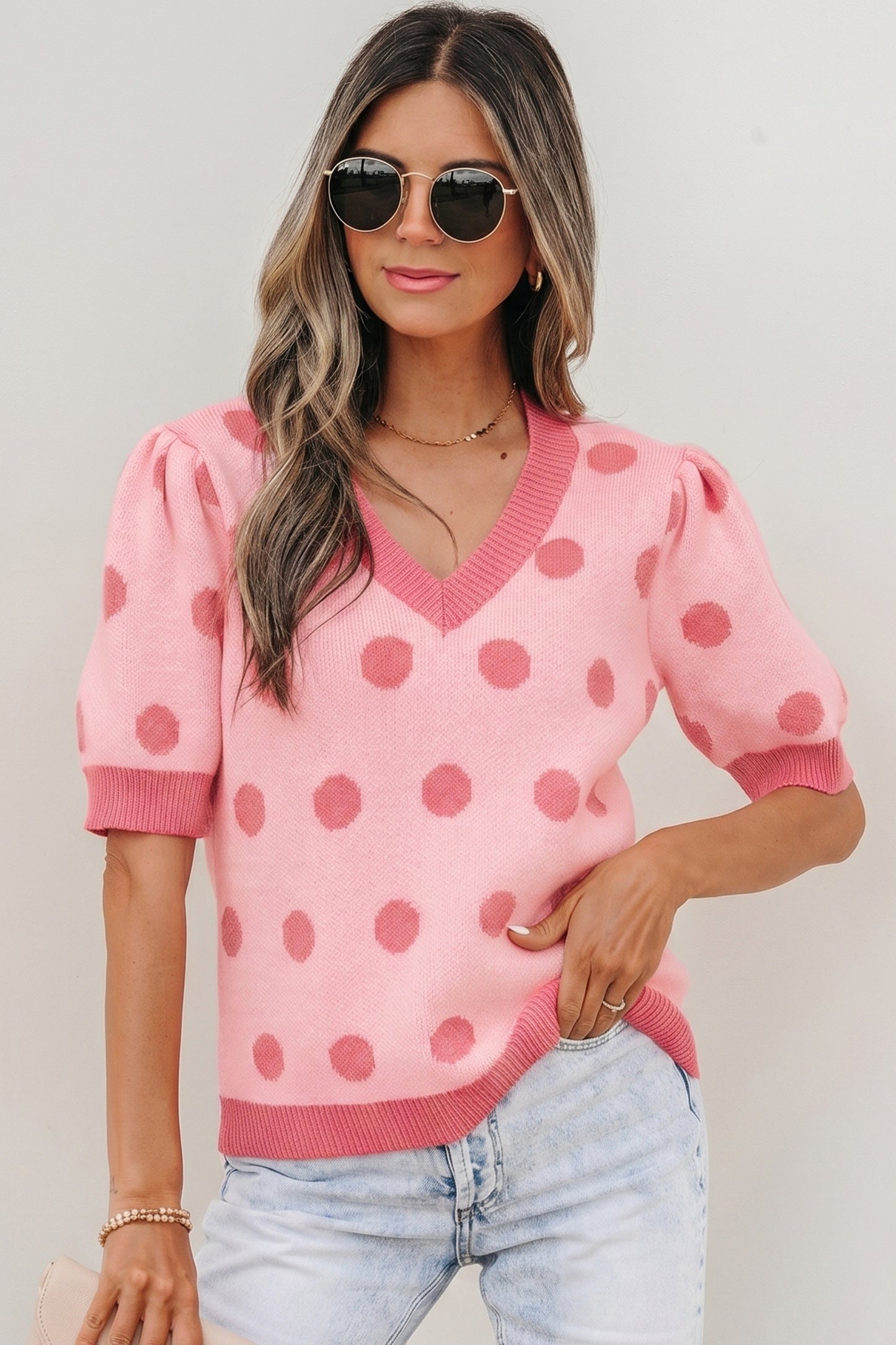 Polka Dot Puff Short Sleeve Sweater