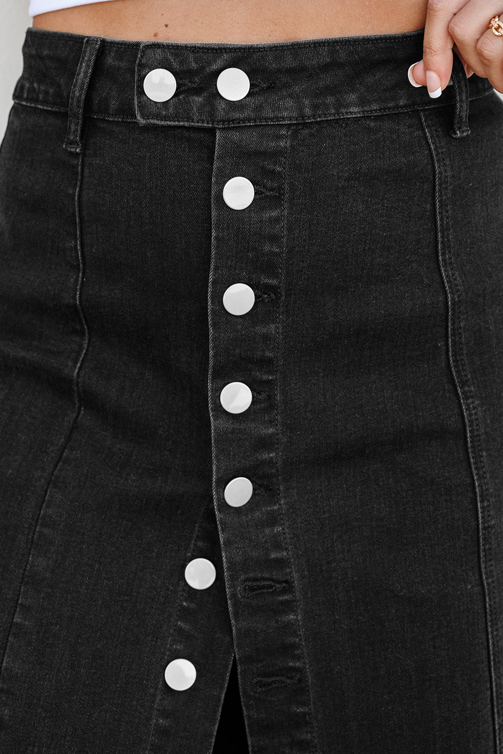 Button Fly High Waist Denim Midi Skirt