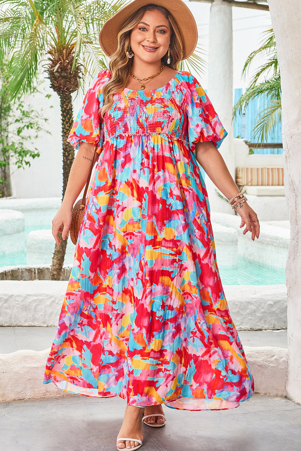Rose Abstract Smocked Plus Size Dress