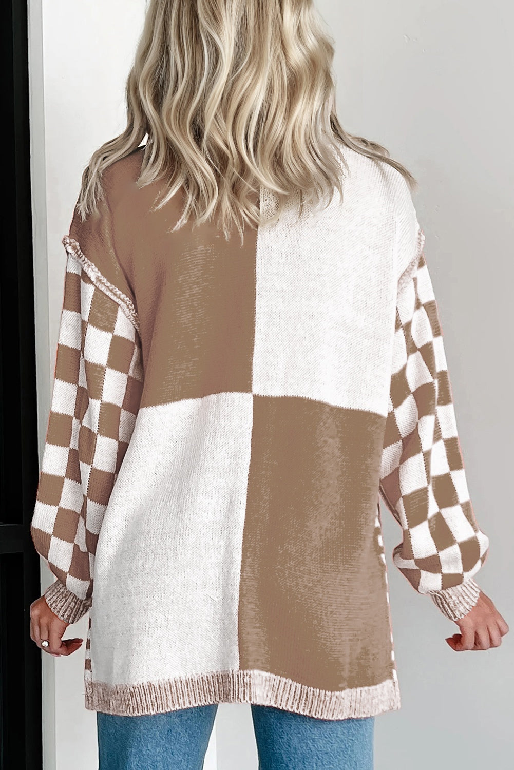 Brown Checkered Bubble Sleeve Plus Size Cardigan