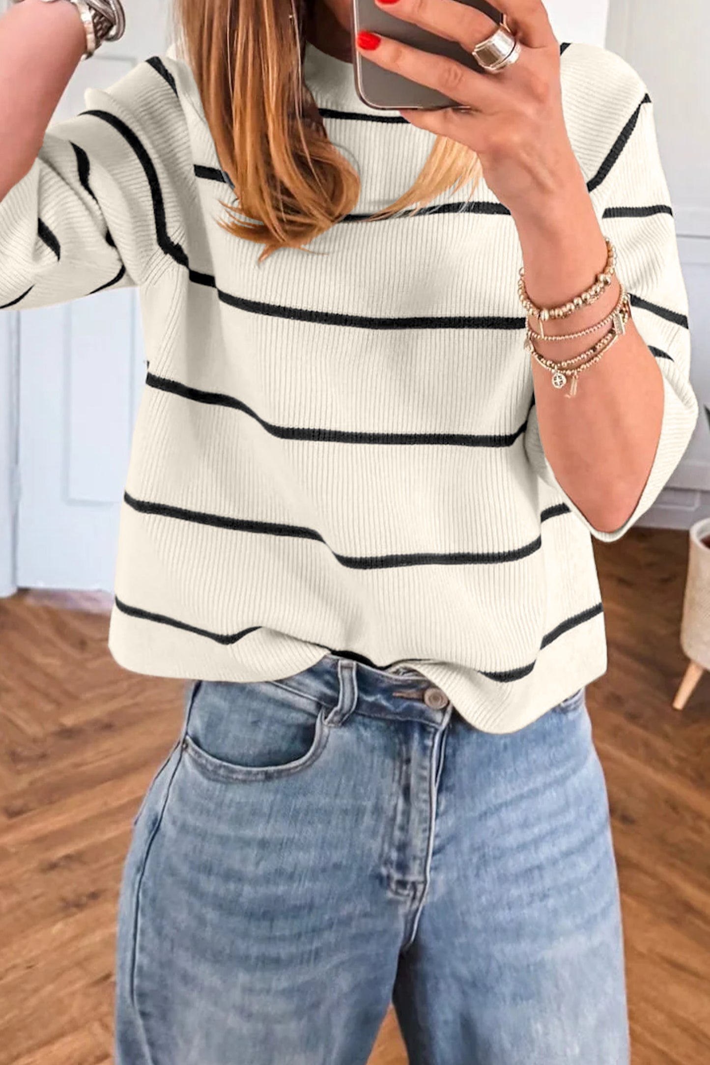 Classic Striped Ribbed Knit Sweater Tee