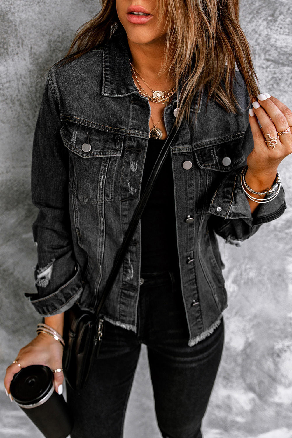 Black Lapel Distressed Denim Jacket