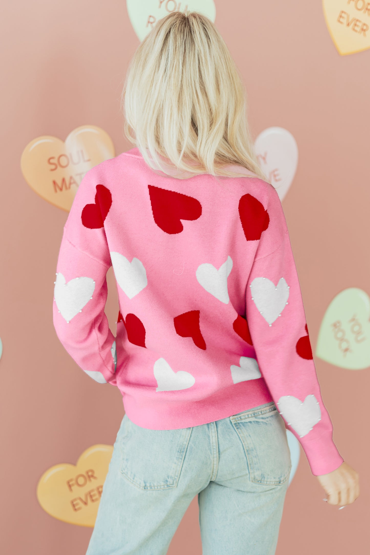 Pink Pearl Embellished Valentines Sweater
