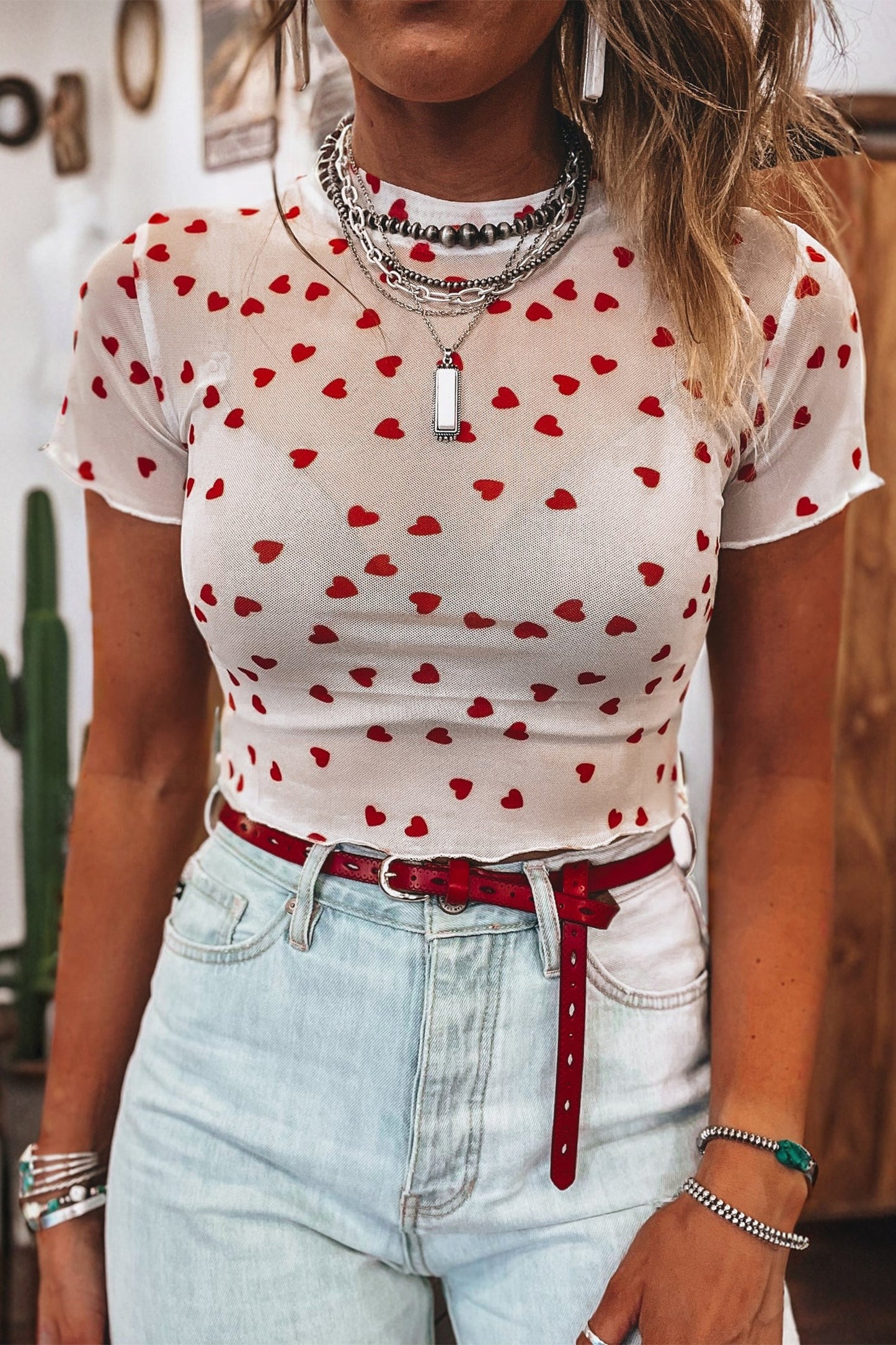 Heart Print Mesh Top