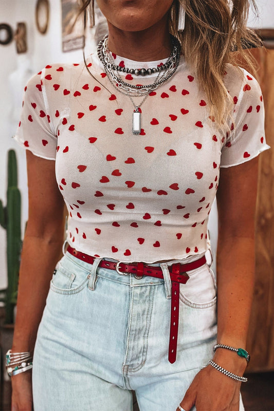 Heart Print Mesh Top