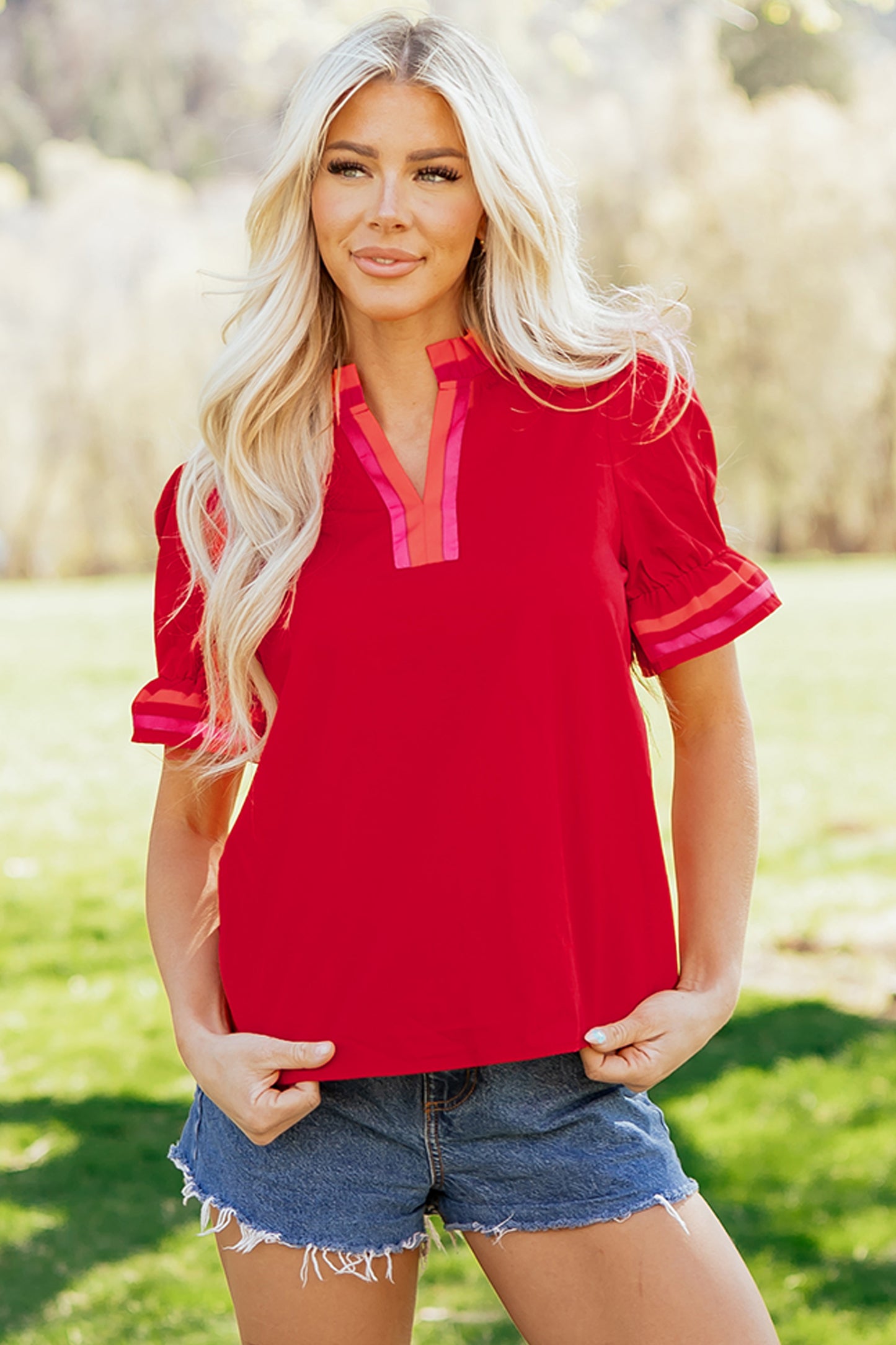 Fiery Red Frilled Collar Blouse