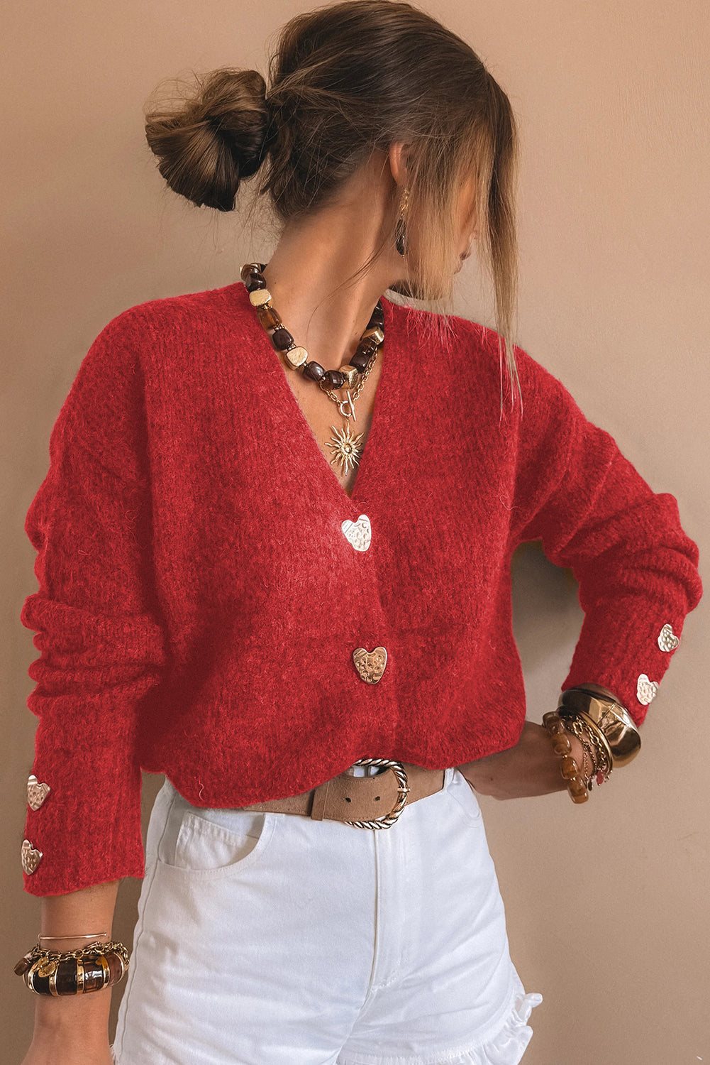 Fiery Red Heart Button Cardigan Sweater