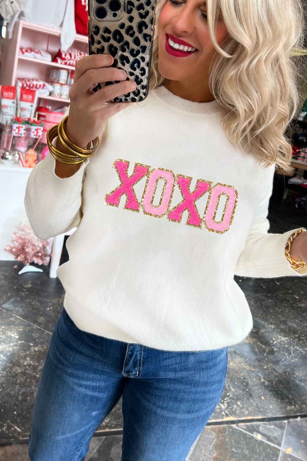 XOXO Glitter Print Round Neck Sweater