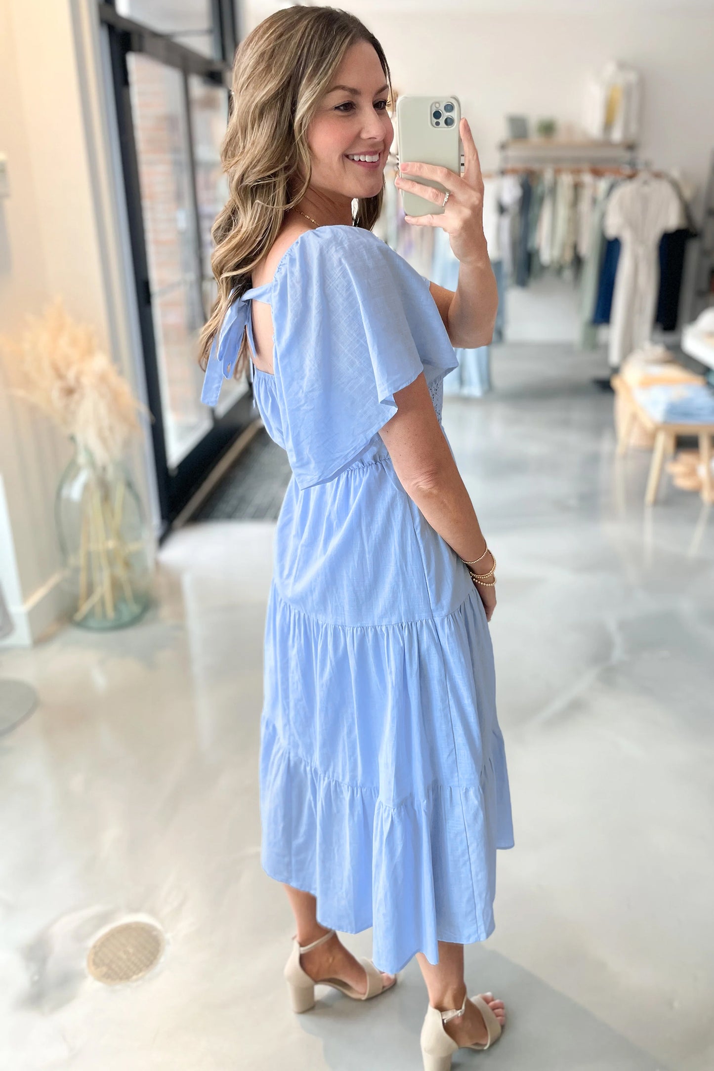 Beau Blue Flowy Tiered Midi Dress