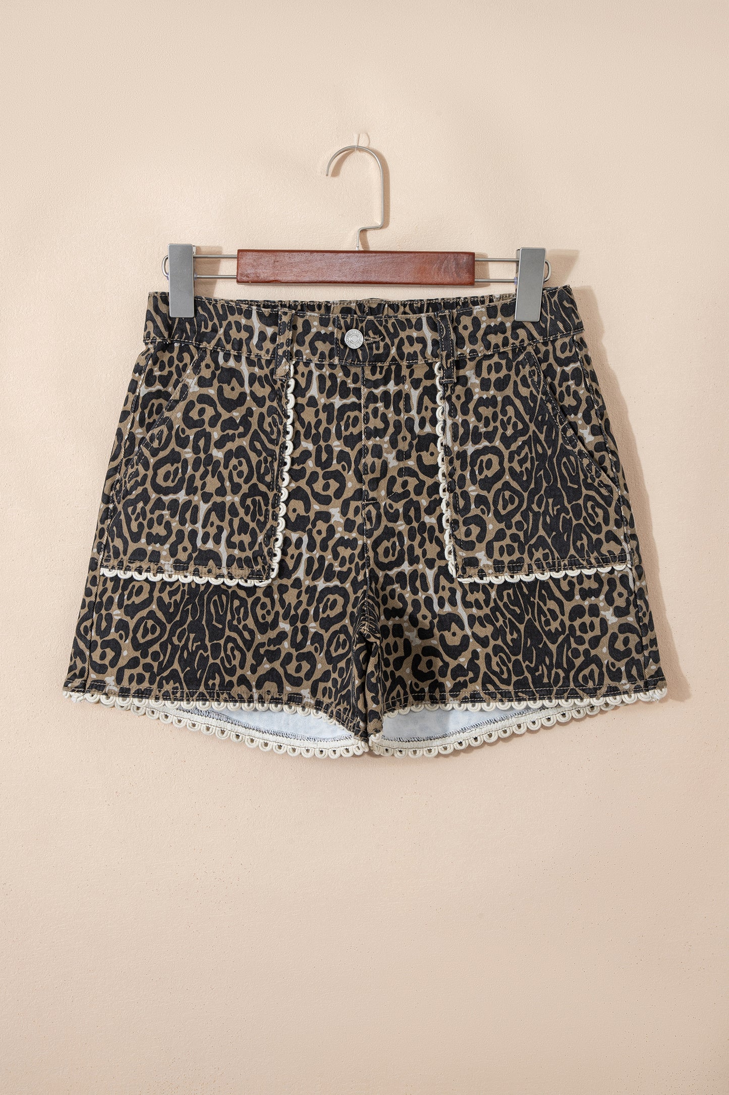 Scalloped Leopard Denim Shorts
