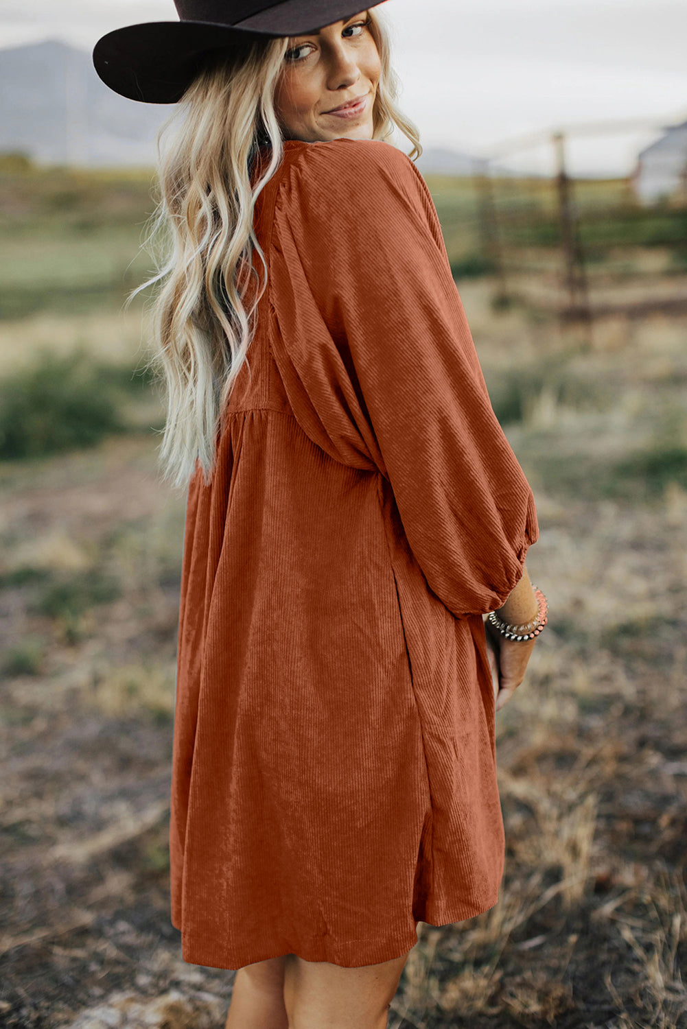Gold Flame Corduroy Bracelet Sleeve Dress
