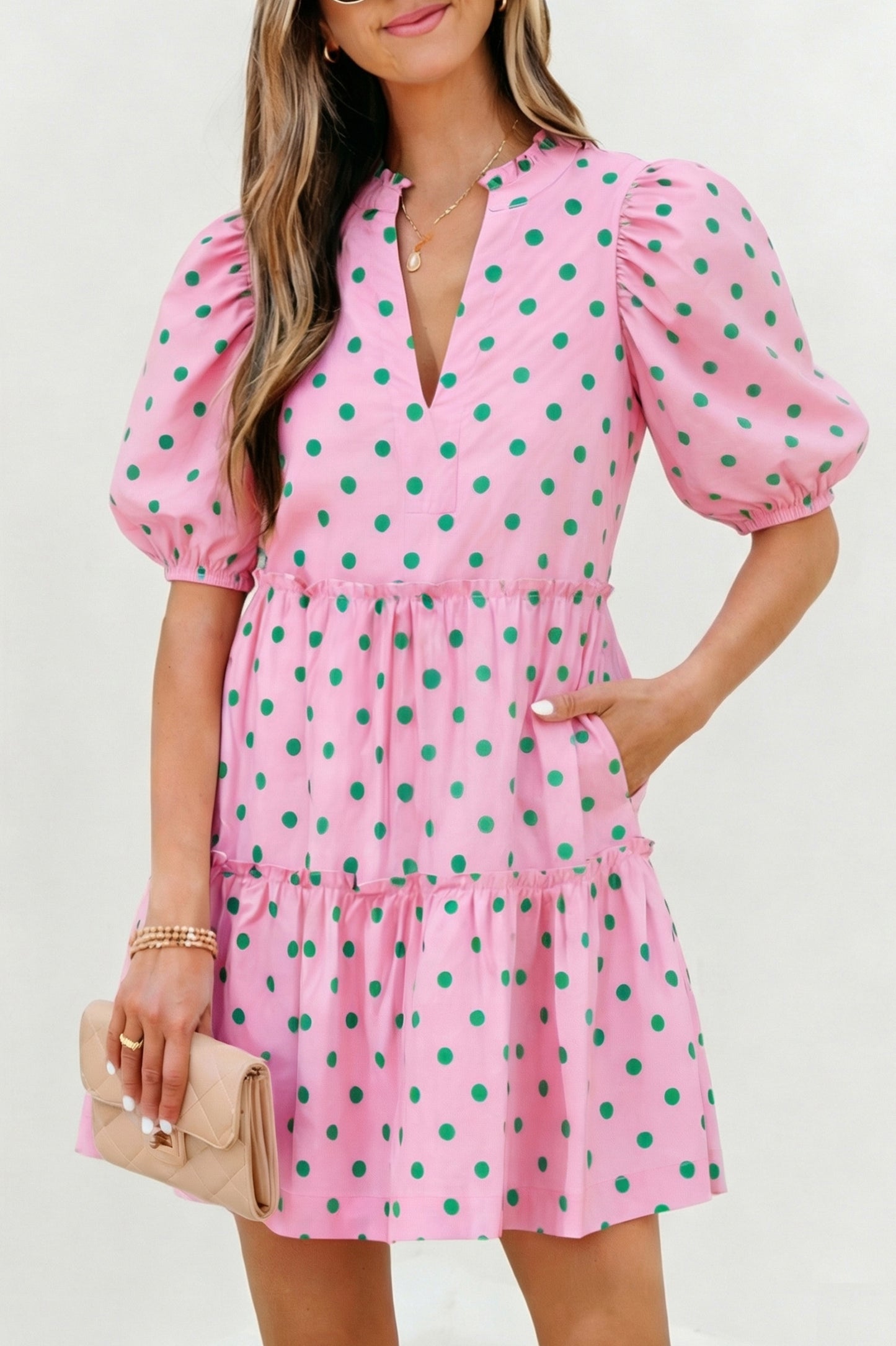 Pink Polka Tiered Mini Dress