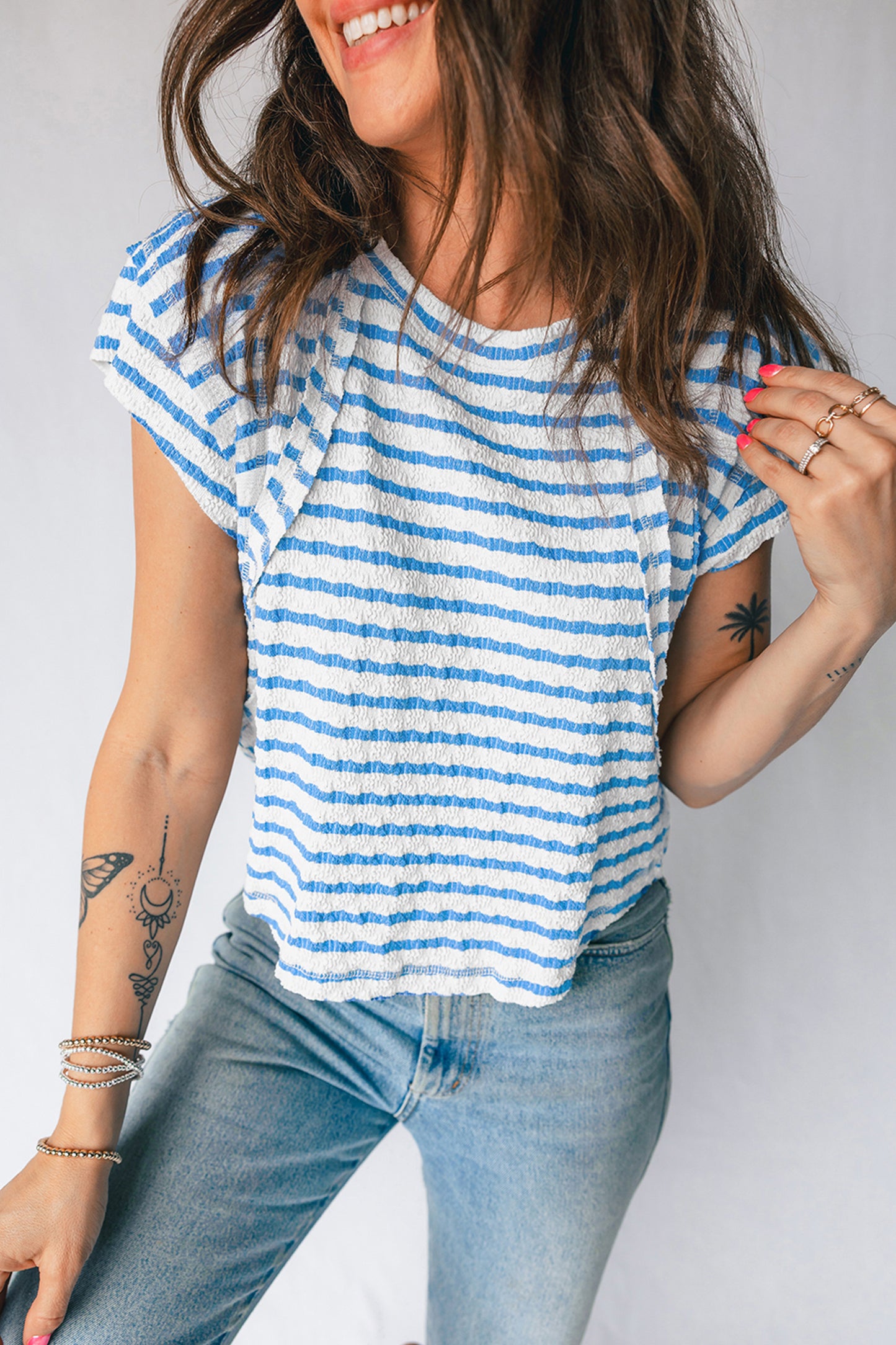 Blue Striped Textured T-Shirt