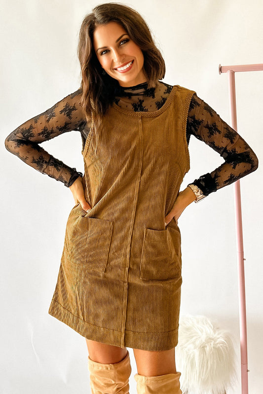 Corduroy Mini Dress With Patched Pockets in Beige