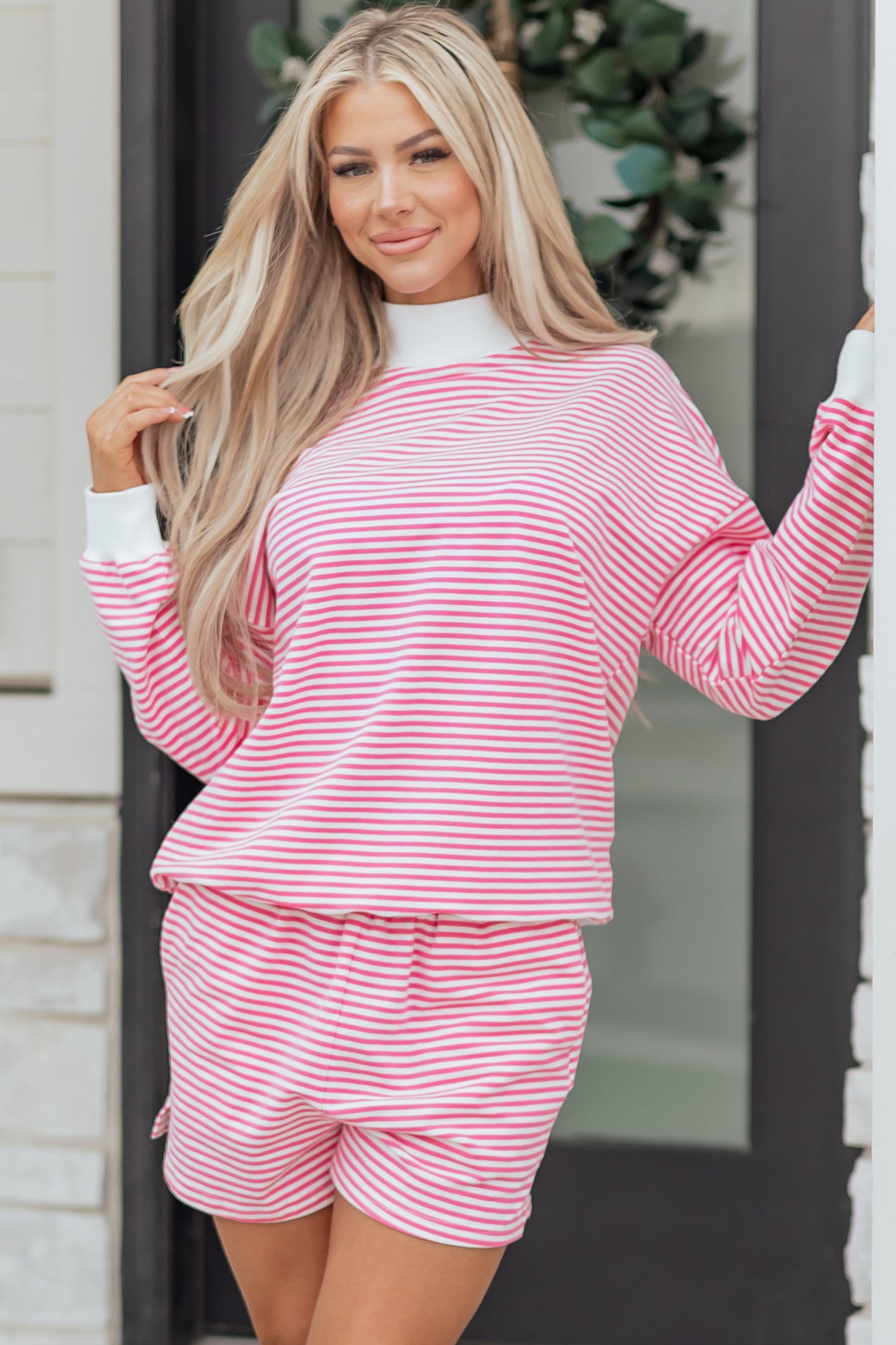 Pink Striped Sweatshirt and Shorts Set