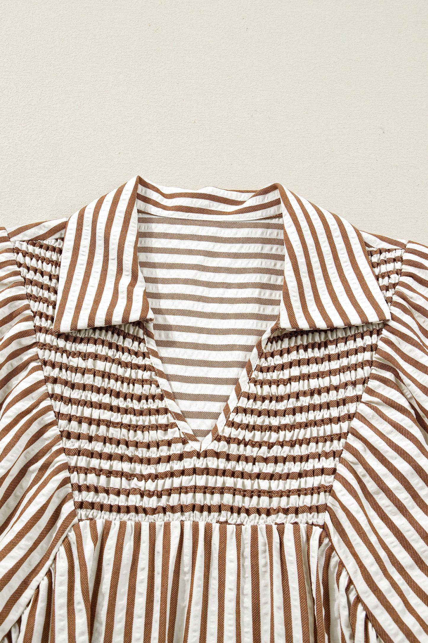 Brown Striped Shirred Blouse