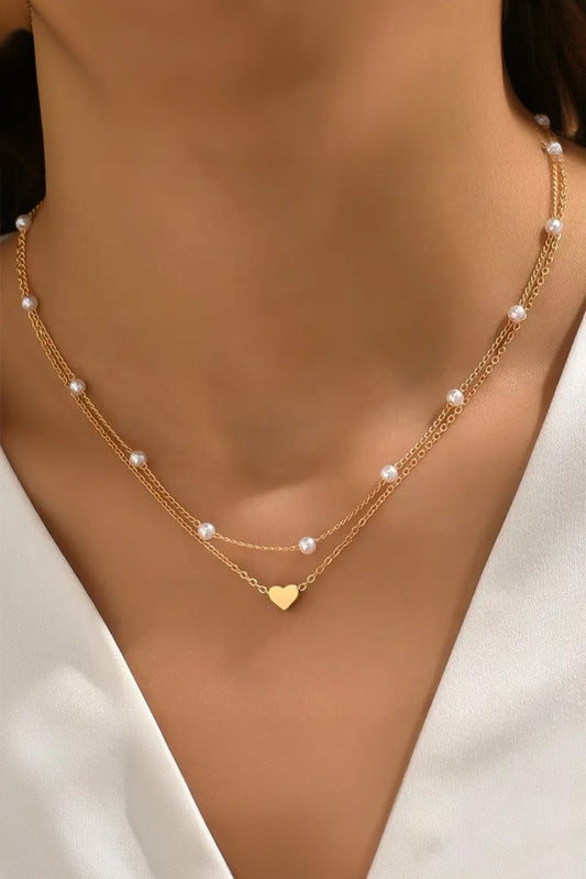Gold-Plated Heart and Pearl 2pcs Layering Necklace