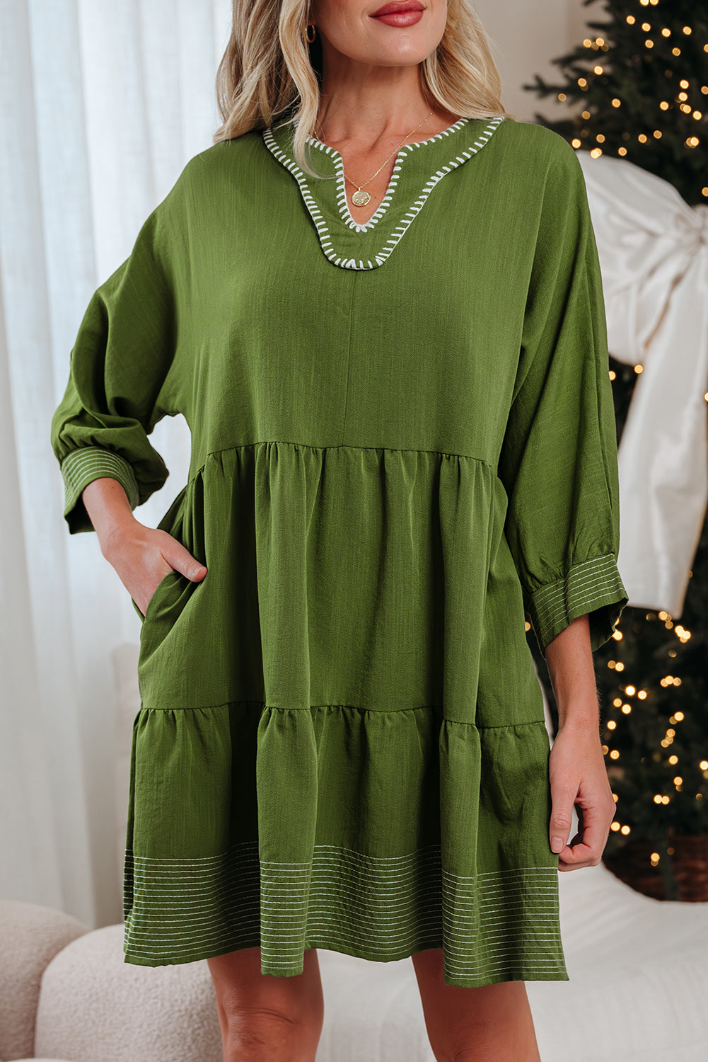 Olive Green Contrast Stitched Tiered Mini Dress