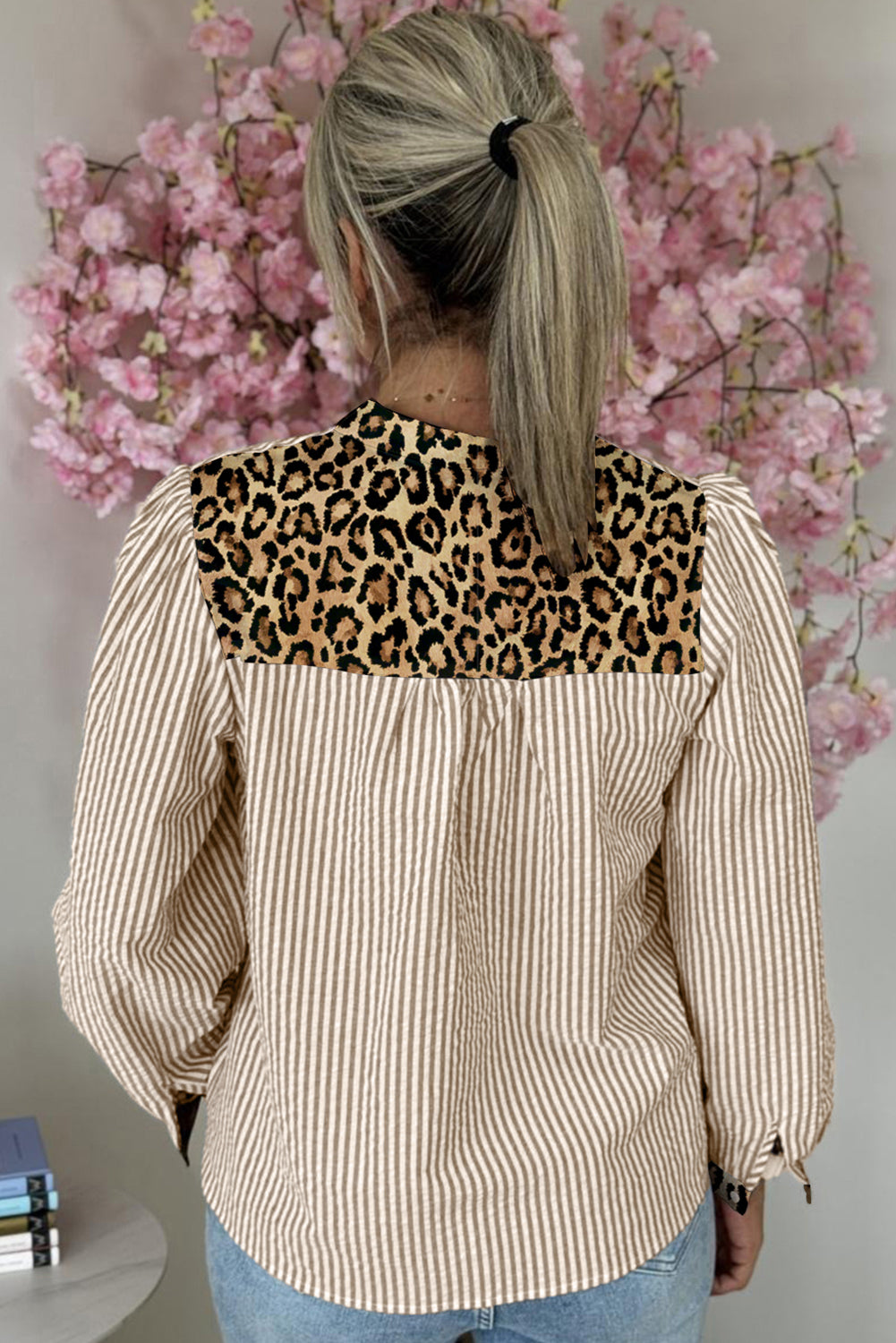 Brown Striped Leopard Trim Long Sleeve Shirt
