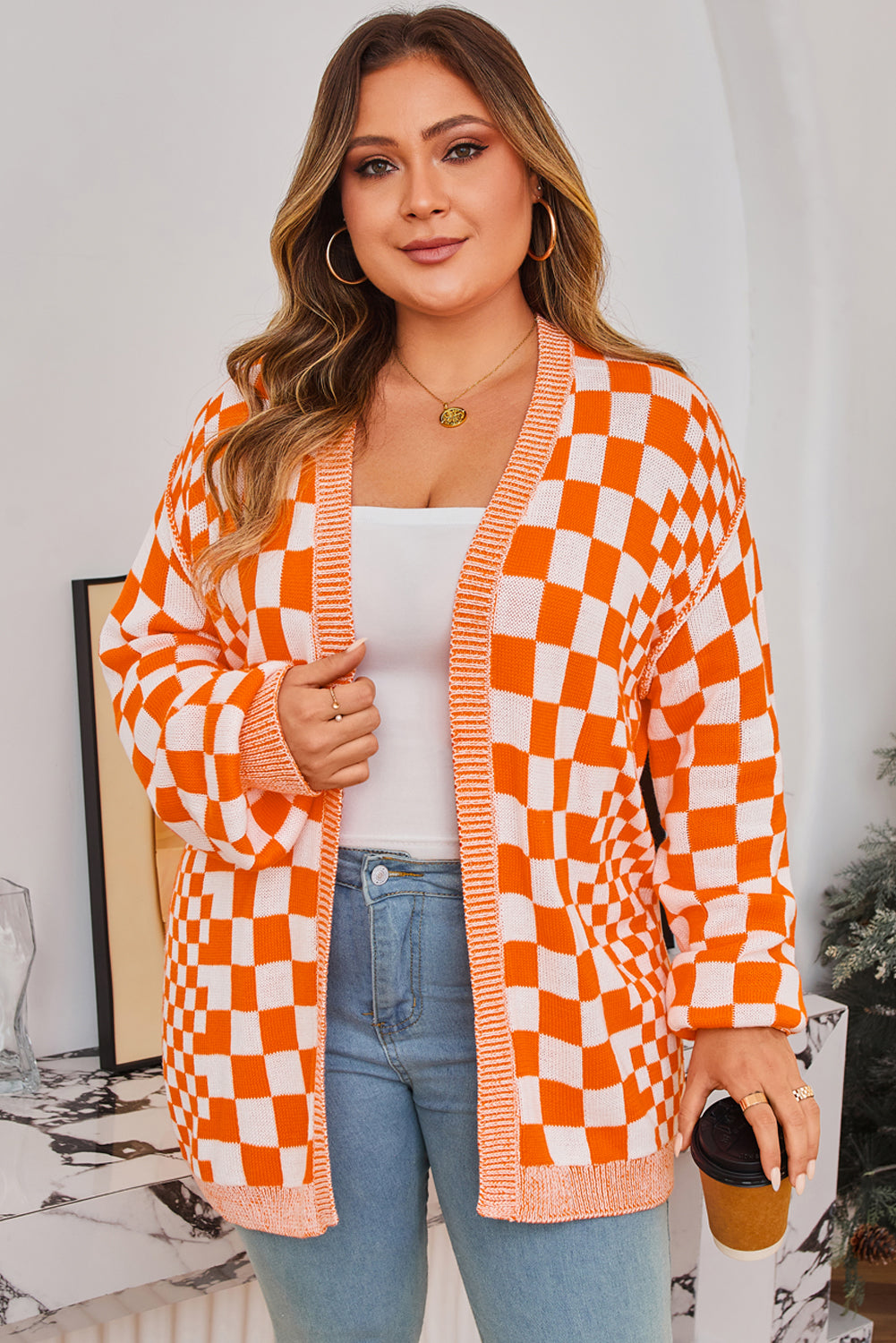 Orange Checkered Bubble Sleeve Plus Size Cardigan
