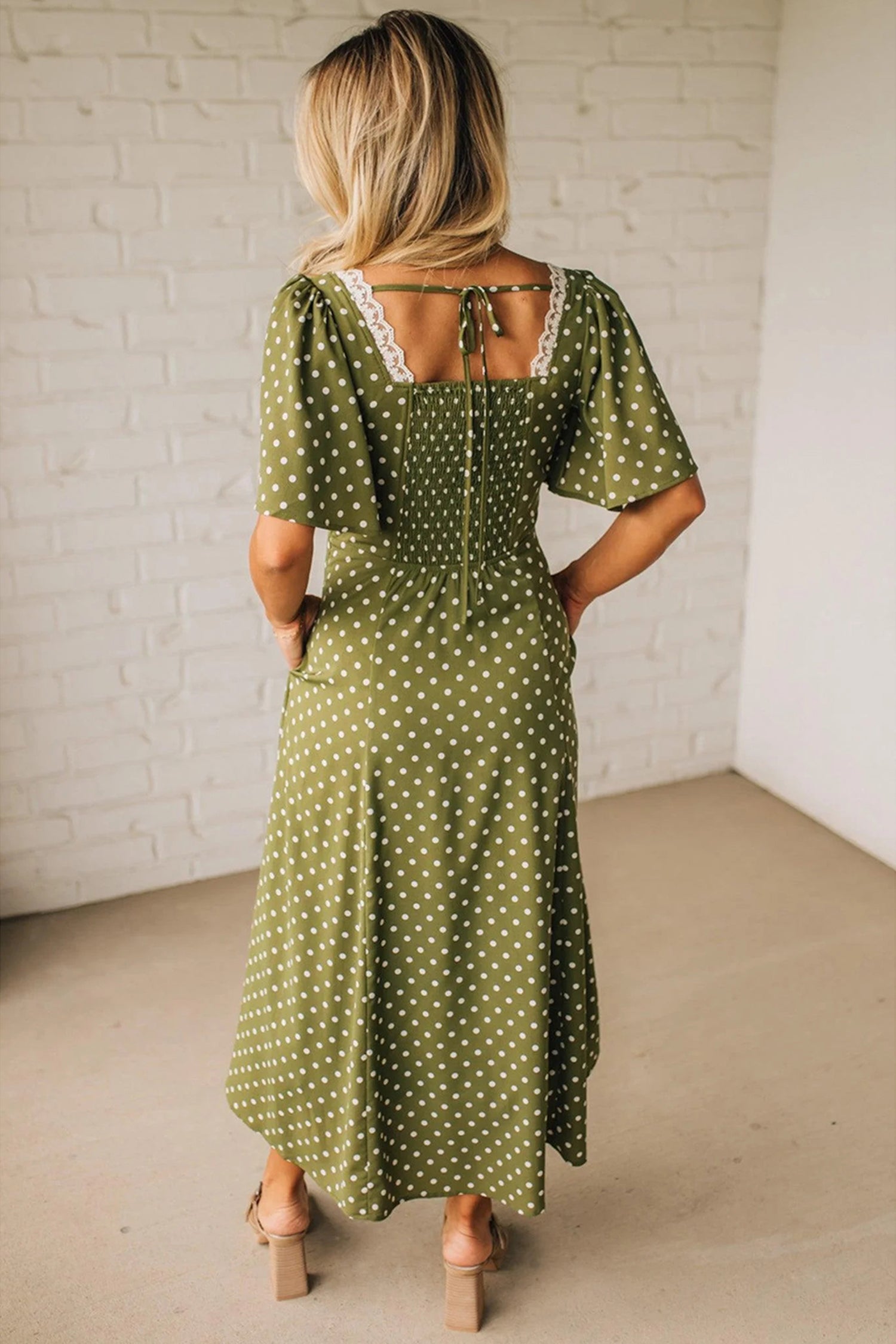amanda smocked dotted maxi dress Amanda Smocked Dotted Maxi Dress | Brown