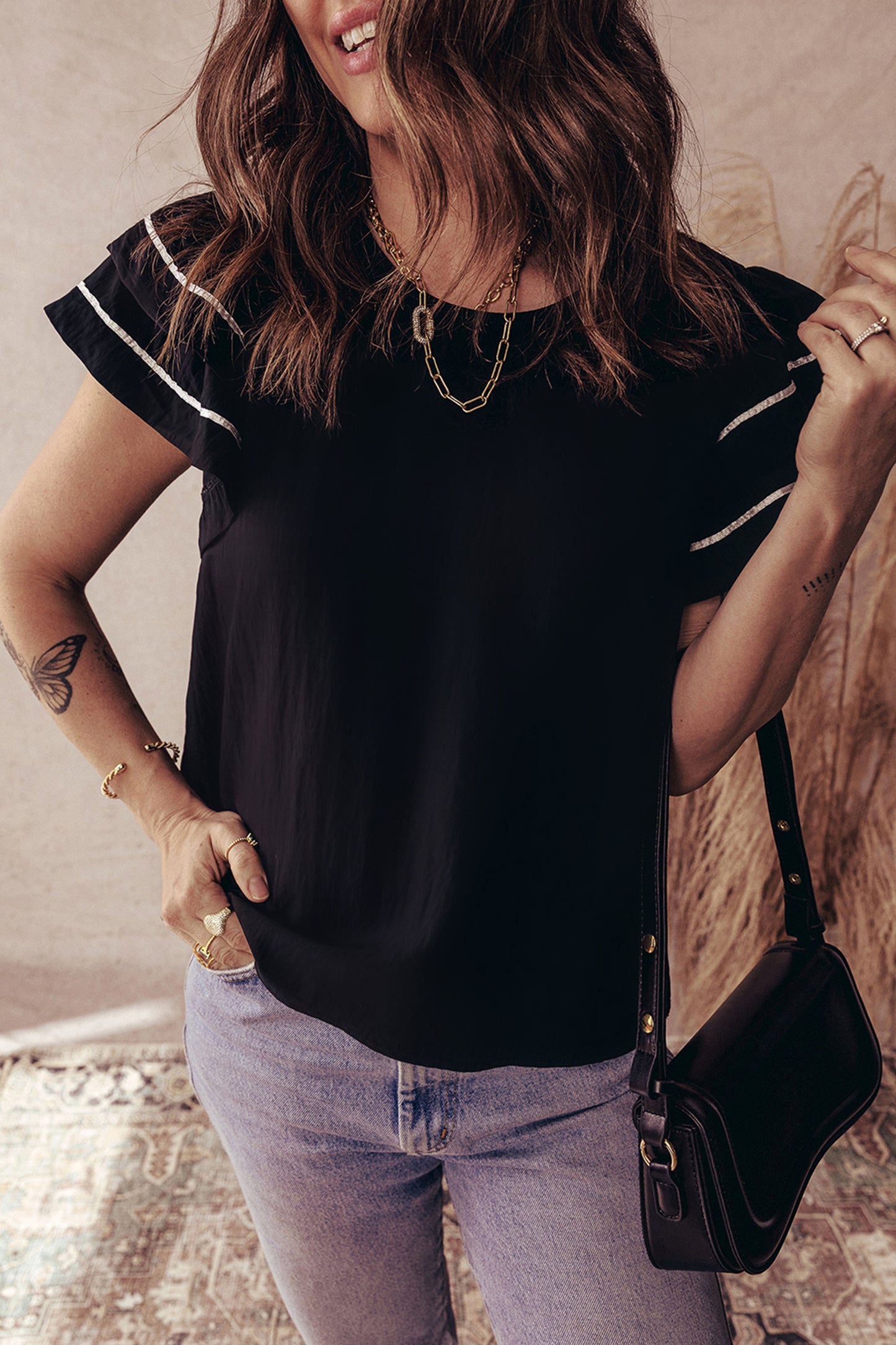 Contrast Trim Ruffle Sleeve Blouse