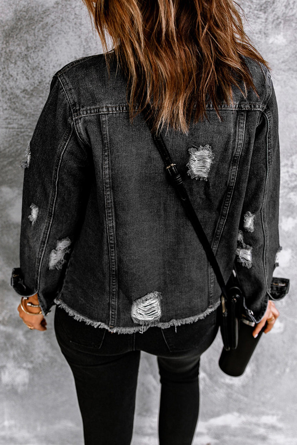 Black Lapel Distressed Denim Jacket