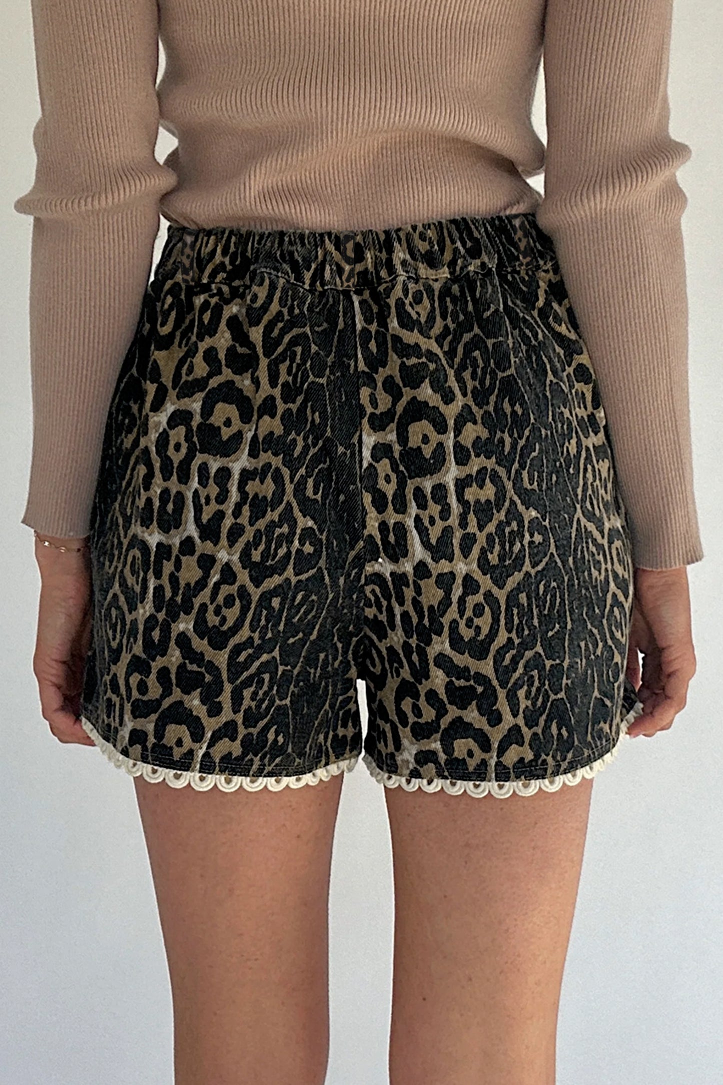 Scalloped Leopard Denim Shorts